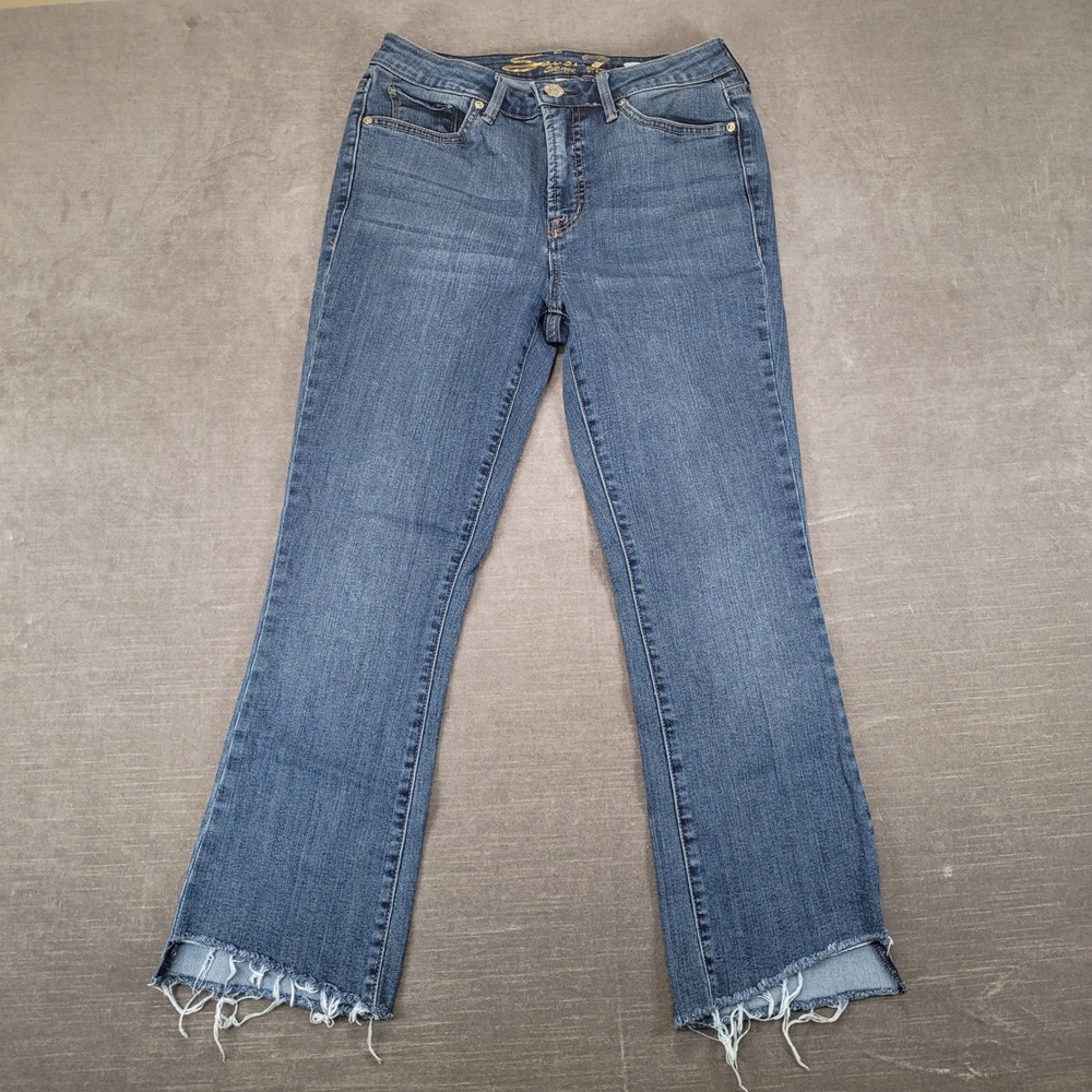 Seven7 Womens Mid Rise Bootcut‎ Jeans Blue Raw Hem Distressed Size 8